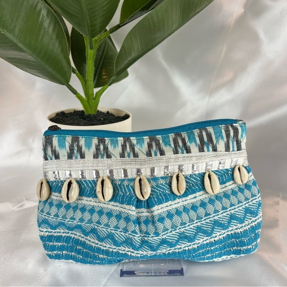 Boho Turquoise Shell Tassel Clutch Handmade Beach Makeup Pouch Zipper Bag - Picture 1 of 14